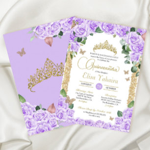 Invitación Rosa floral morado de mariposa y quinceañera de or