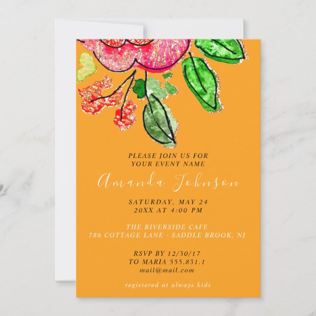 Invitación Rosa floral Naranja Bridal Shower Sweet 16th (Anverso)