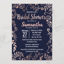 Invitación Rosa Floral Navy Blue Brush Ducha Bridal