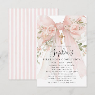 Invitación Rosa Floral Niña Primera Comunión Pequeña con Lazo