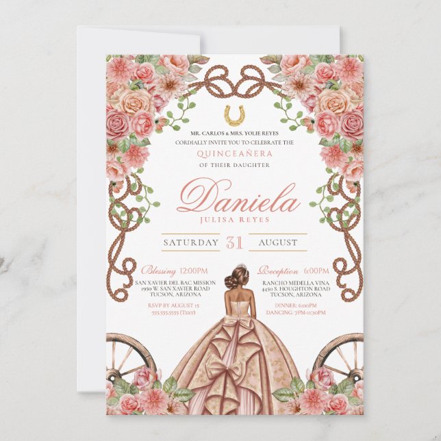 Invitación Rosa floral occidental Charro de oro Quinceanera (Anverso)