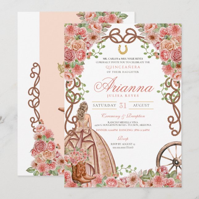 Invitación Rosa Floral Oeste Elegante Quinceañera (Anverso / Reverso)