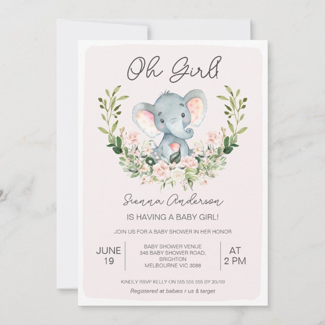 Invitación Rosa floral Oh Chicas Elephant Baby Shower (Anverso)