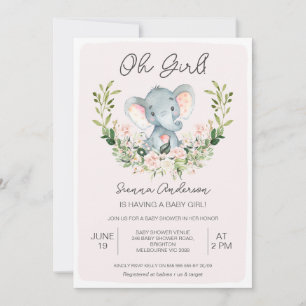 Invitación Rosa floral Oh Chicas Elephant Baby Shower