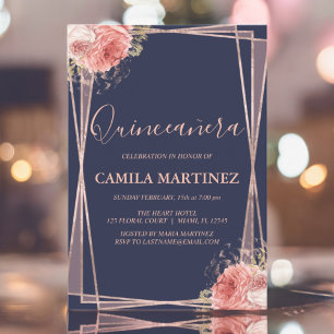 Invitación Rosa floral oro azul Quinceanera Fiesta