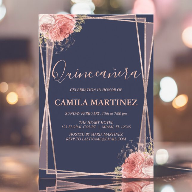 Invitación Rosa floral oro azul Quinceanera Fiesta (Subido por el creador)