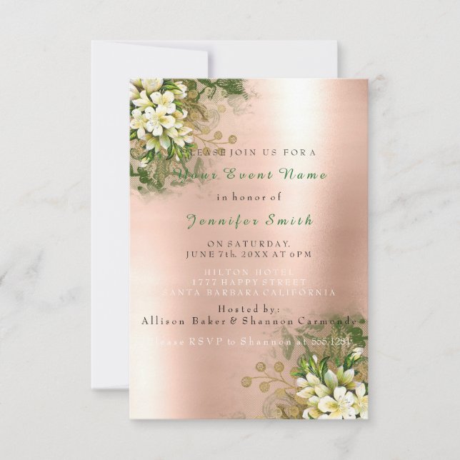 Invitación Rosa floral oro cobre metal Rubor Pearly Mint (Anverso)