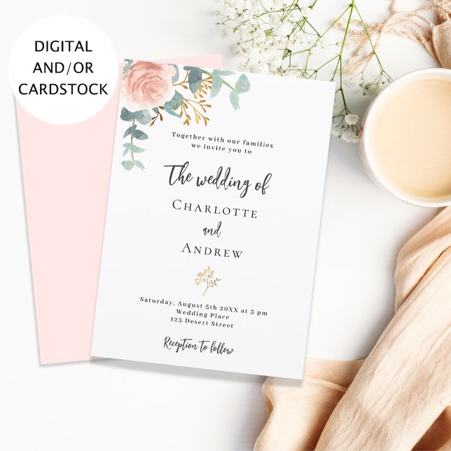 Invitación Rosa floral oro eucalipto boda de vegetación (Subido por el creador)