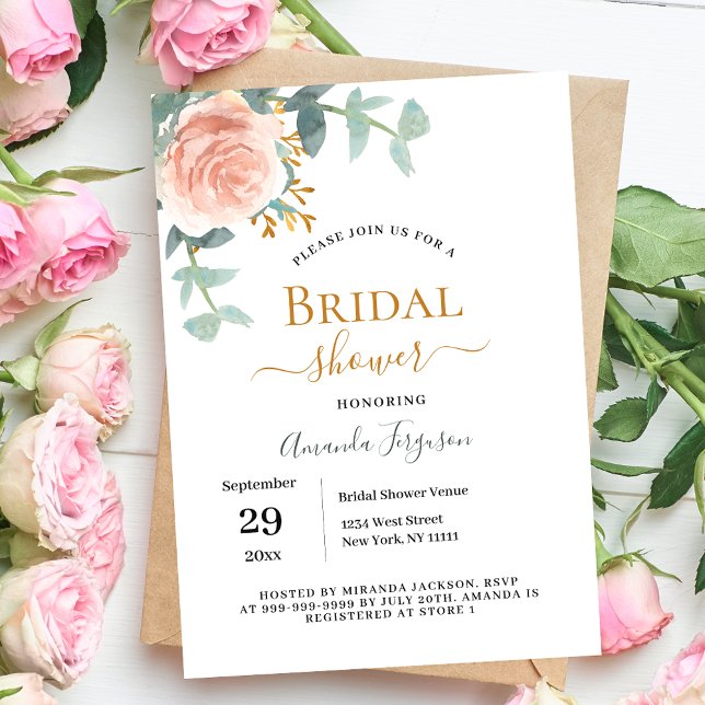 Invitación Rosa floral oro eucalipto verde ducha de novia (Subido por el creador)