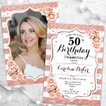 Invitación Rosa floral Oro foto blanca 50 cumpleaños<br><div class="desc">Elegante, floral, femenina invitación de 50 años con tu foto en la parte trasera de la tarjeta. Diseño de color blanco brillante, rosa negro y oro rosa falso purpurina. Incluye rayas, rosas, letra de guión y confeti. Perfecto para un elegante fiesta de celebración de cumpleaños. Personaliza con tus propios detalles....</div>