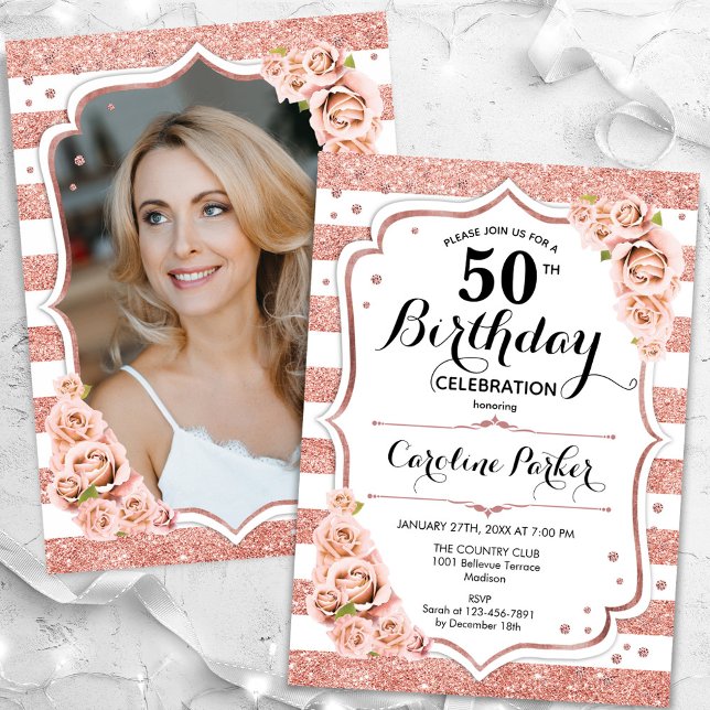 Invitación Rosa floral Oro foto blanca 50 cumpleaños (Subido por el creador)