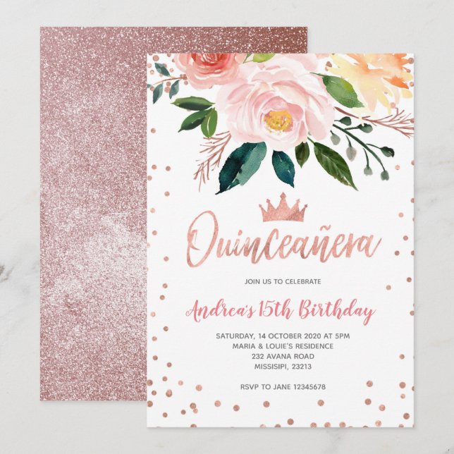 Invitación Rosa floral oro mexicano quinceañera cumpleaños (Anverso / Reverso)