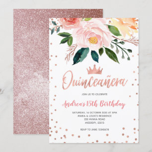 Invitación Rosa floral oro mexicano quinceañera cumpleaños