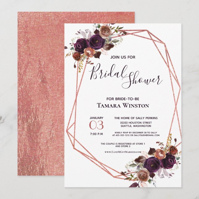 Invitación Rosa floral oro morado ducha de novia geométrica (Anverso / Reverso)