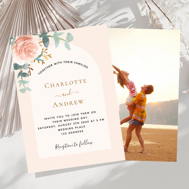 Invitación Rosa floral oro negro boda fotográfico (Subido por el creador)