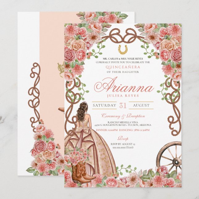 Invitación Rosa Floral Oro Occidente Elegante Quinceanera (Anverso / Reverso)