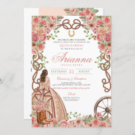 Invitación Rosa Floral Oro Occidente Elegante Quinceanera