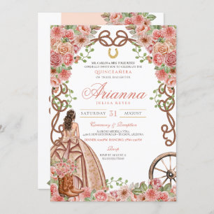 Invitación Rosa Floral Oro Occidente Elegante Quinceanera