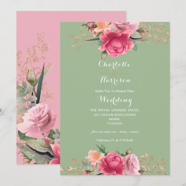 Invitación Rosa floral Oro Rosas verdes rosados Boda de lujo (Anverso / Reverso)