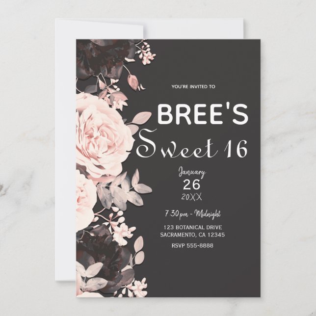 Invitación Rosa Floral Oscuro Gris Carbón Dulces 16 (Anverso)