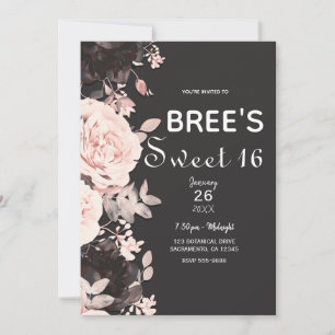 Invitación Rosa Floral Oscuro Gris Carbón Dulces 16
