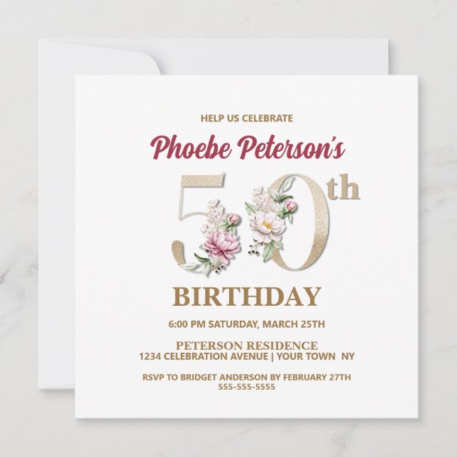 Invitación Rosa Floral P 50th Birthday Party Invitation (Anverso)