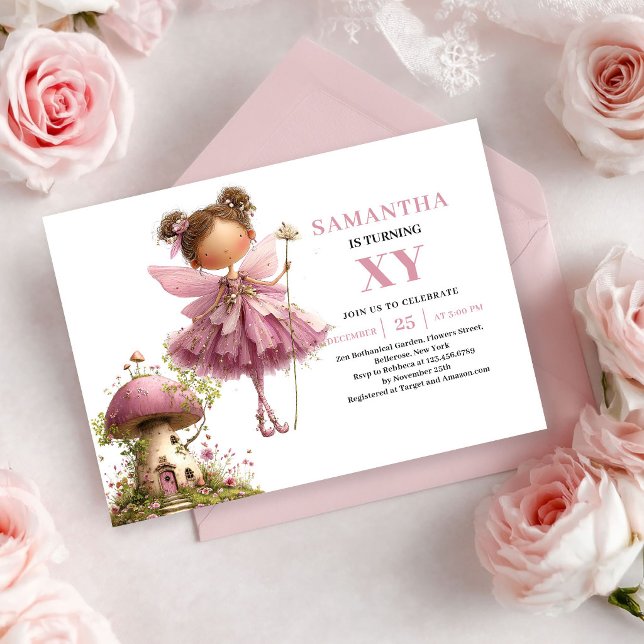 Invitación Rosa Floral para el Tercer Cumpleaños d (Magical Fairy Girl 3rd Birthday Floral Pink invitation)