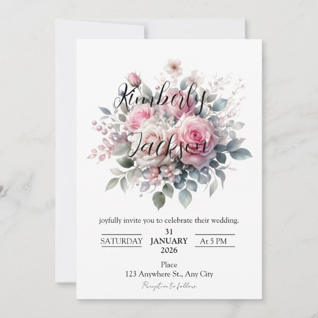 Invitación Rosa floral pastel romántico (Anverso)