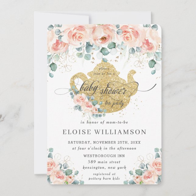 Invitación Rosa Floral Peach Fiesta Baby Shower Tea (Anverso)