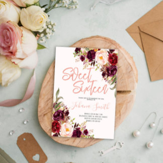 Invitación Rosa floral Peony Borgoña decimosexto cumpleaños