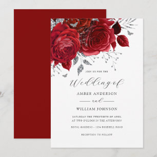 Invitación Rosa floral plateada roja Boda