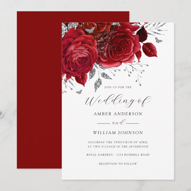 Invitación Rosa floral plateada roja Boda   (Anverso / Reverso)