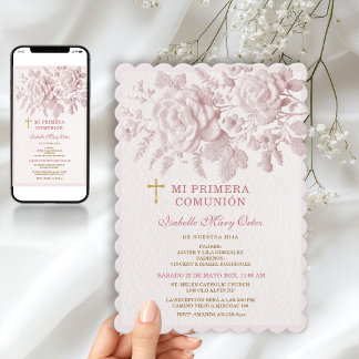 Invitación Rosa Floral Primera Comunión Niña Cruz