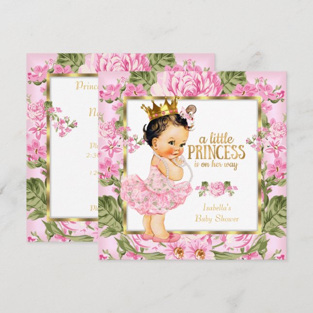 Invitación Rosa floral Princesa Baby Shower de oro rosa (Anverso / Reverso)