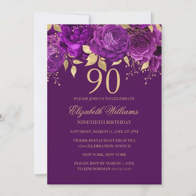 Invitación Rosa Floral Purple Gold 90 cumpleaños (Anverso)
