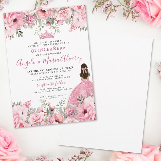 Invitación Rosa Floral Quinceañera (Floral Rose Pink Quinceanera Invitation)