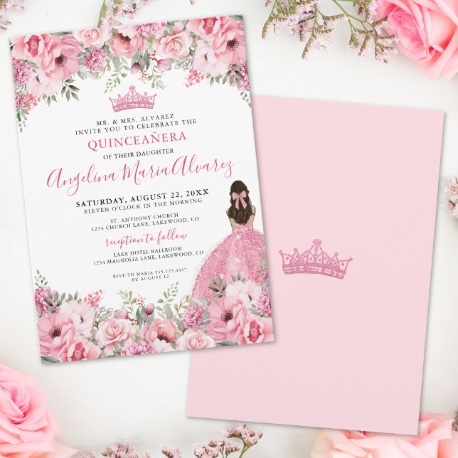 Invitación Rosa Floral Quinceañera (Floral Rose Pink Quinceanera Invitation)