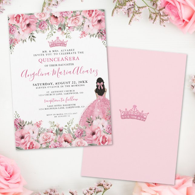 Invitación Rosa Floral Quinceañera Rubor (Pink Rose Floral Quinceanera Invitation)