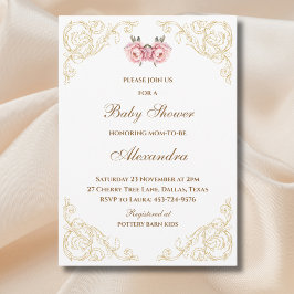 Invitación Rosa Floral Rococo Vintage Peony Baby Shower