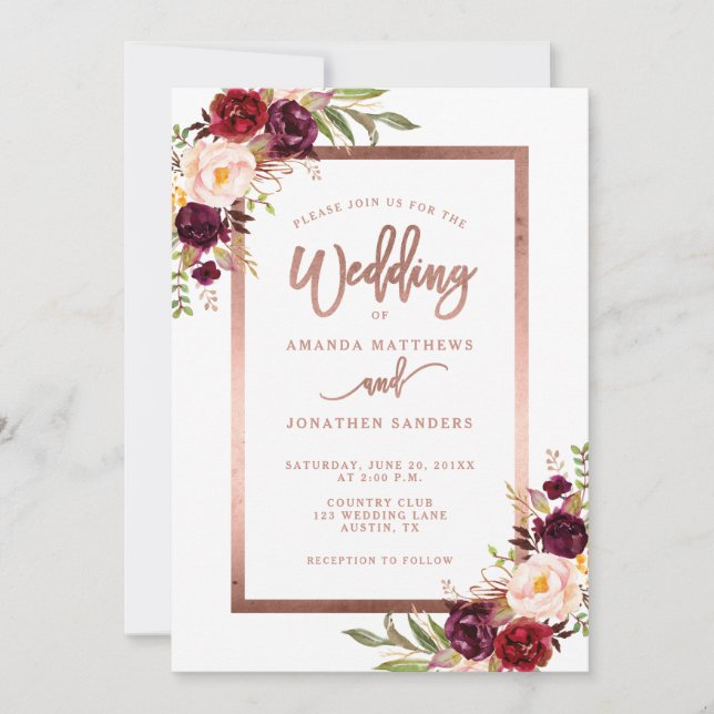 Invitación Rosa floral rojo borgoña Boda RSVP oro (Anverso)