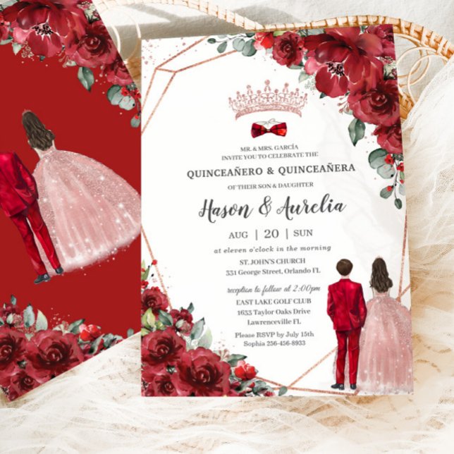 Invitación Rosa floral rojo gemelos Chica Quinceañera (Subido por el creador)