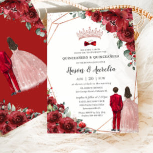 Invitación Rosa floral rojo gemelos Chica Quinceañera
