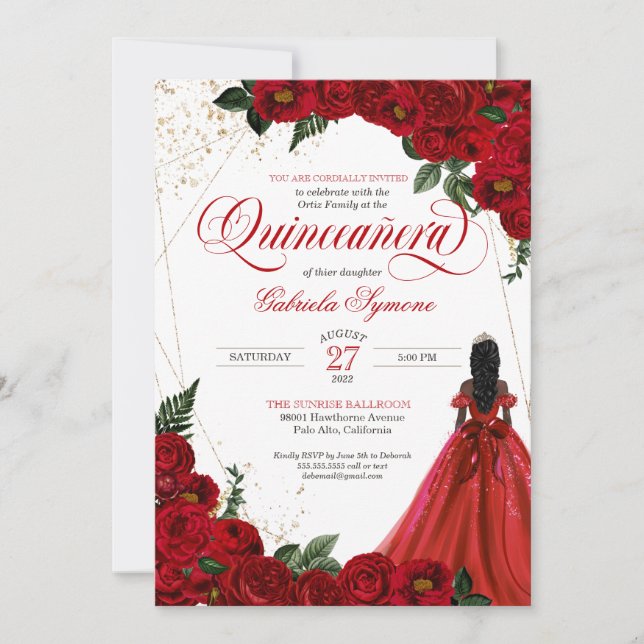 Invitación Rosa floral rojo rubí y elegante quinceañera de or (Anverso)