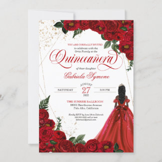 Invitación Rosa floral rojo rubí y elegante quinceañera de or