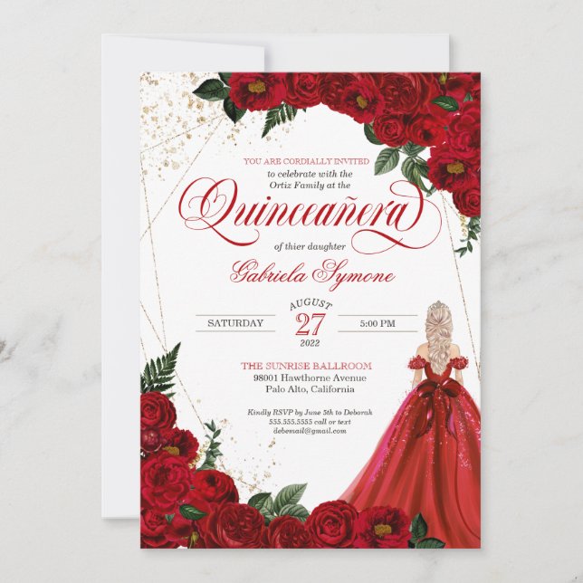 Invitación Rosa floral rojo rubí y elegante quinceañera de or (Anverso)