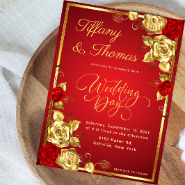 Invitación Rosa Floral Rojo Y Oro Boda Tema