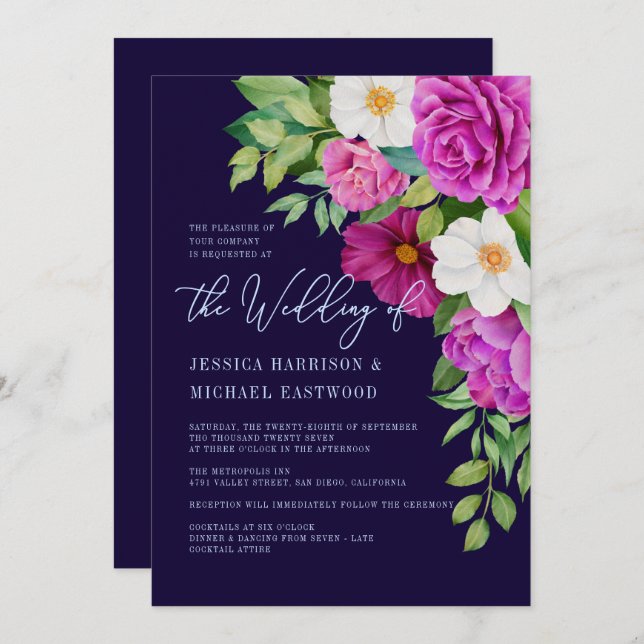 Invitación Rosa floral rosa blanco morado negro audaz Boda (Anverso / Reverso)