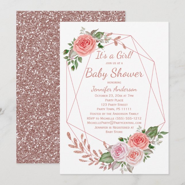 Invitación Rosa floral rosa Chica de oro Baby Shower (Anverso / Reverso)