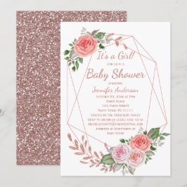 Invitación Rosa floral rosa Chica de oro Baby Shower