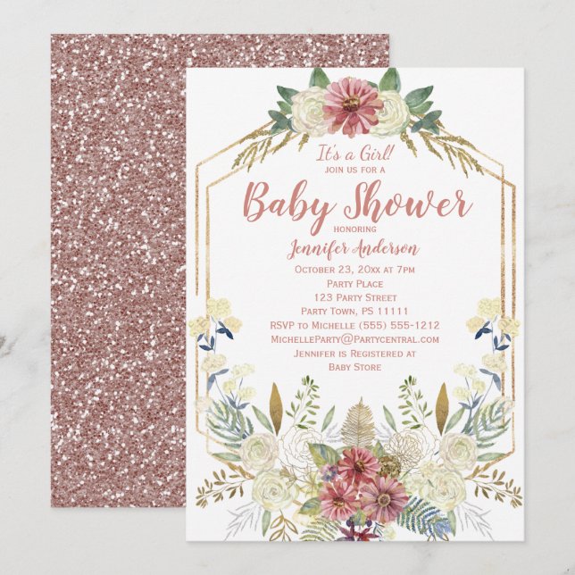 Invitación Rosa floral rosa Chica Purpurina de oro Baby Showe (Anverso / Reverso)